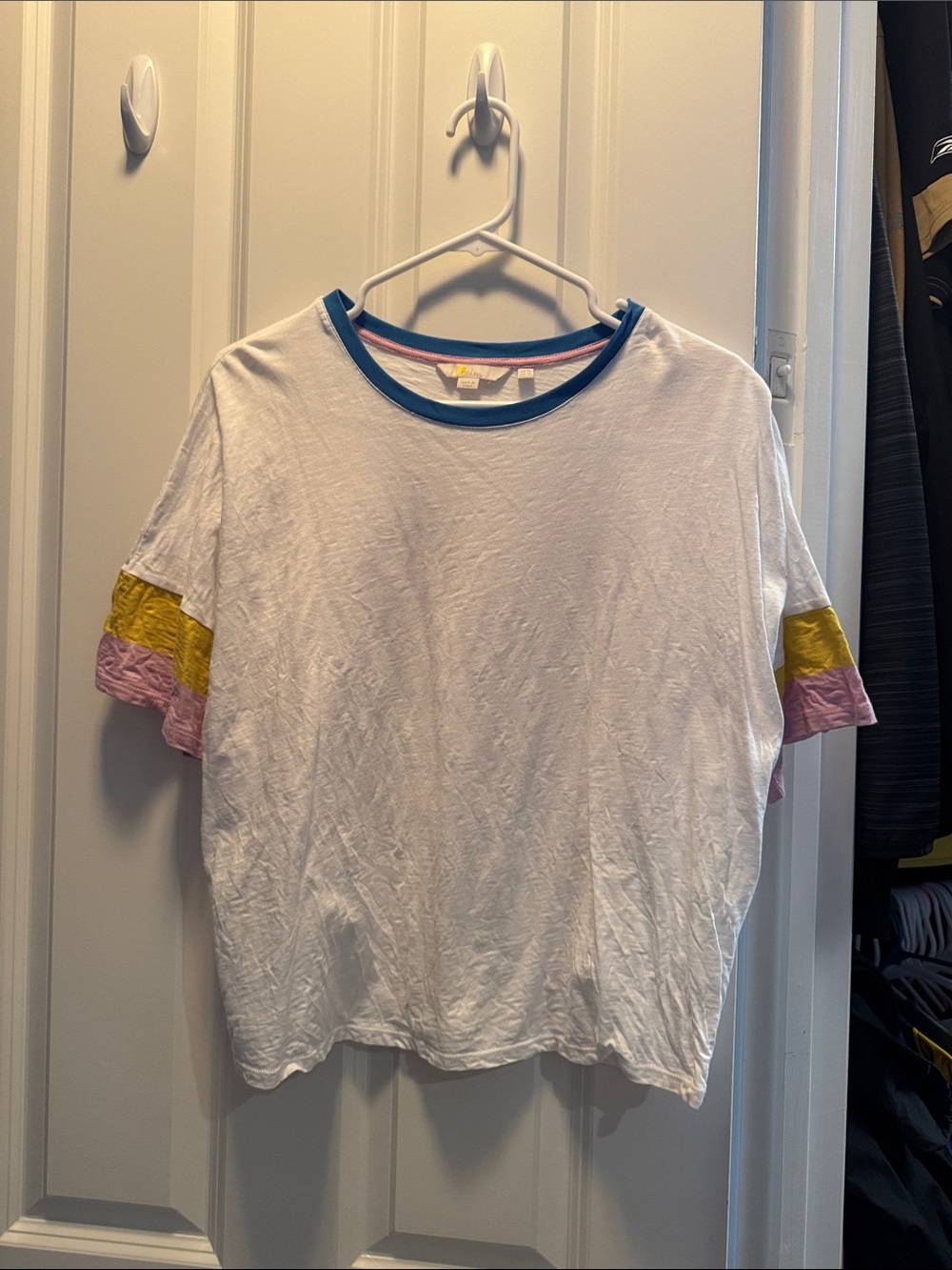 Boden White Short-Sleeve Tee with Pink and Yellow Sleeve Bands